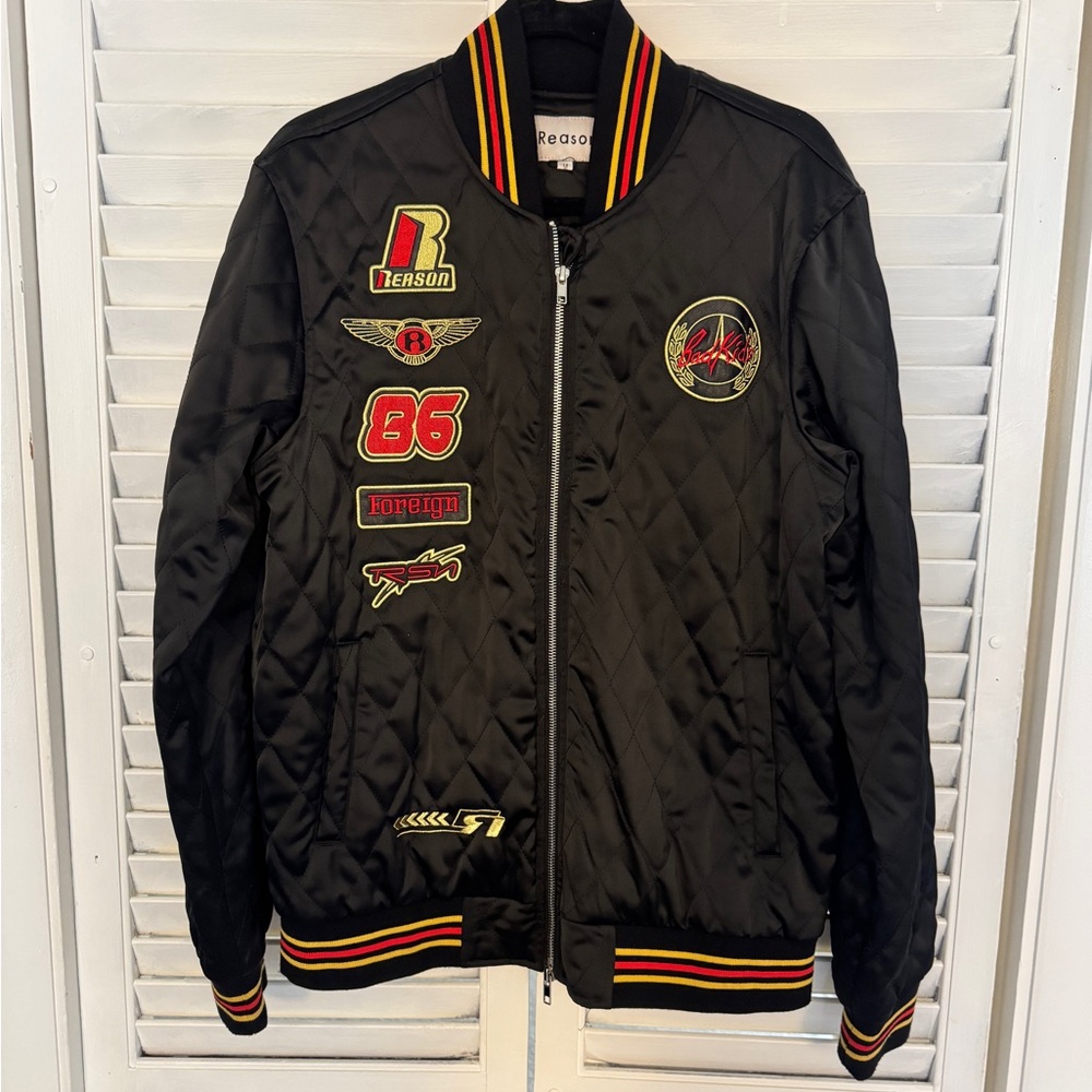 Reason Quilted Bomber Jacket NWOT | “Bad Kids” Sequin Logo, Size M
